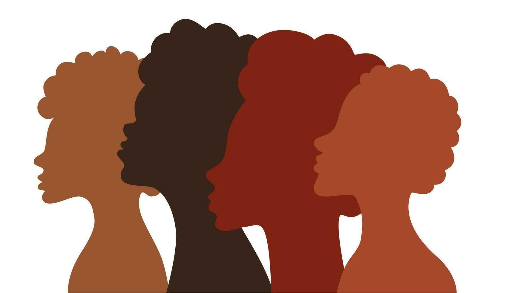 Heads in profile of black Africans men and women. Black history month. Identity concept, racial equality and justice. Racism, discrimination. Poster, greeting card, banner. Vector Illustration