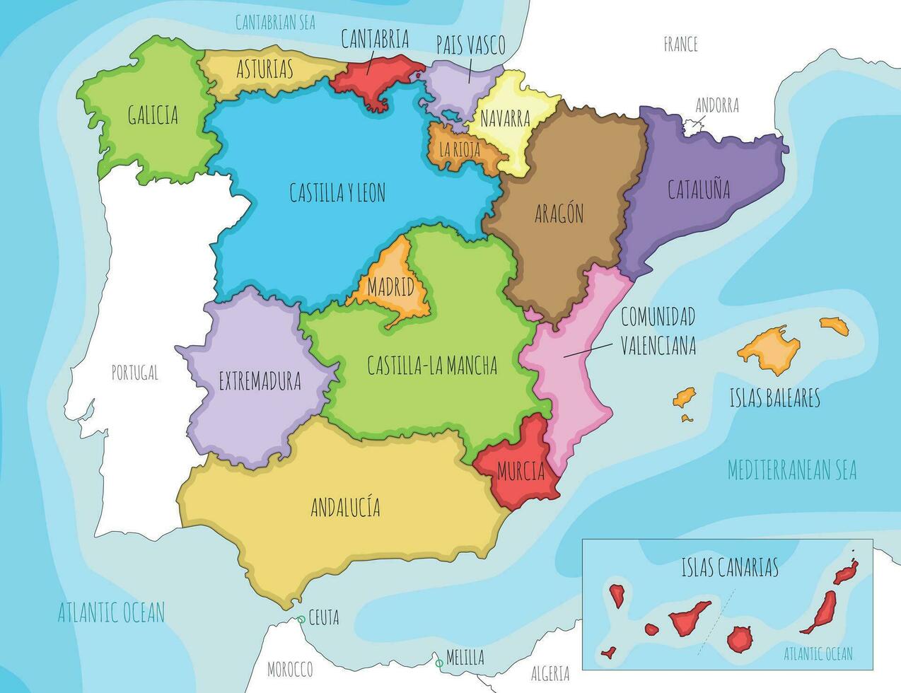 Vector illustrated map of Spain with regions and territories and administrative divisions, and neighbouring countries. Editable and clearly labeled layers.