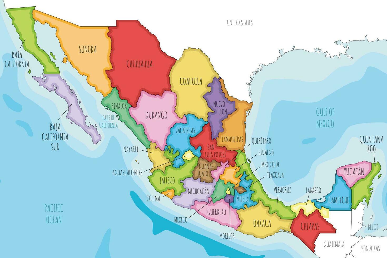 vector ilustrado mapa de mexico con regiones o estados y administrativo divisiones, y vecino países. editable y claramente etiquetado capas.