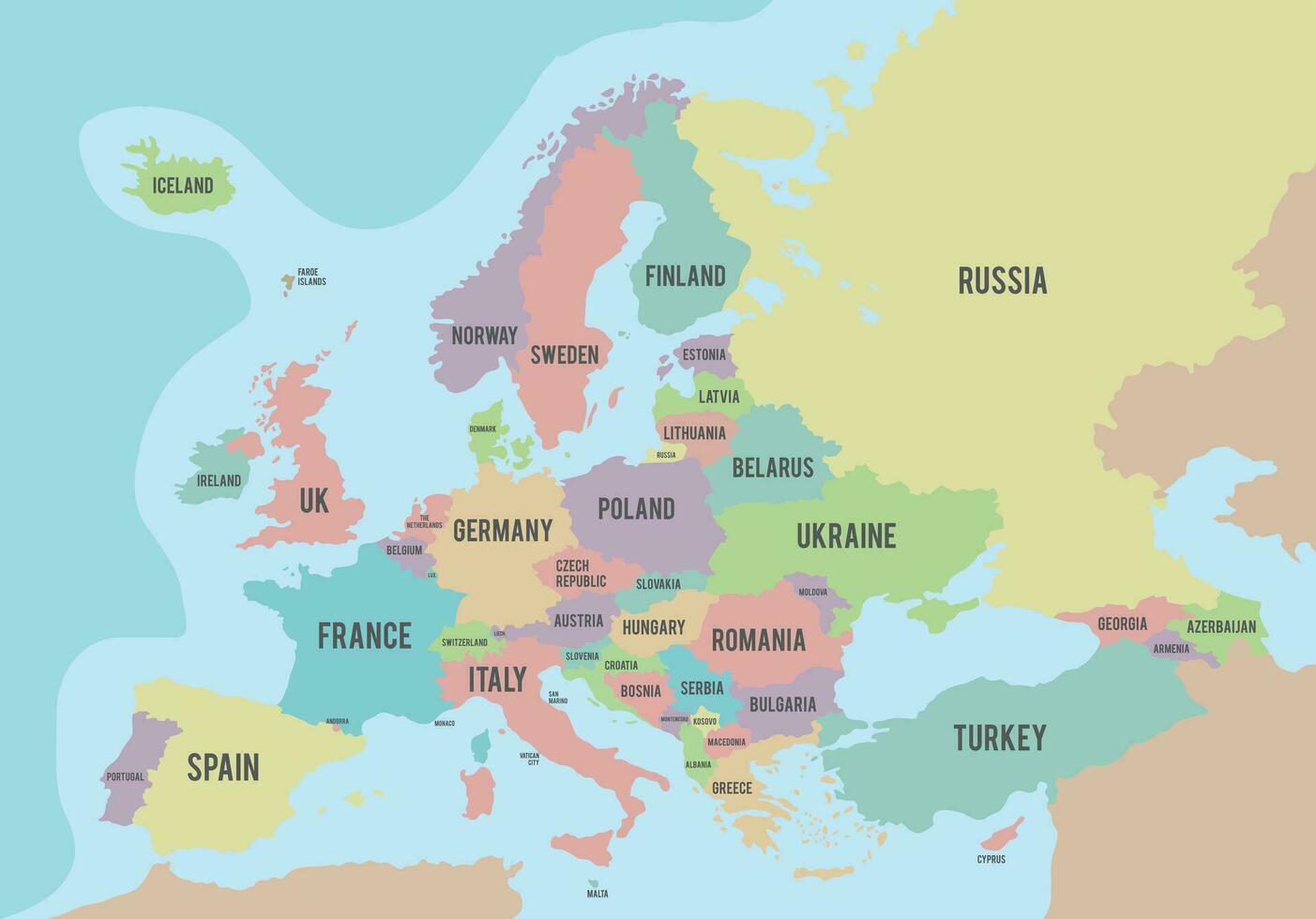 Political map of Europe with different colors for each country and names in English. Vector illustration.