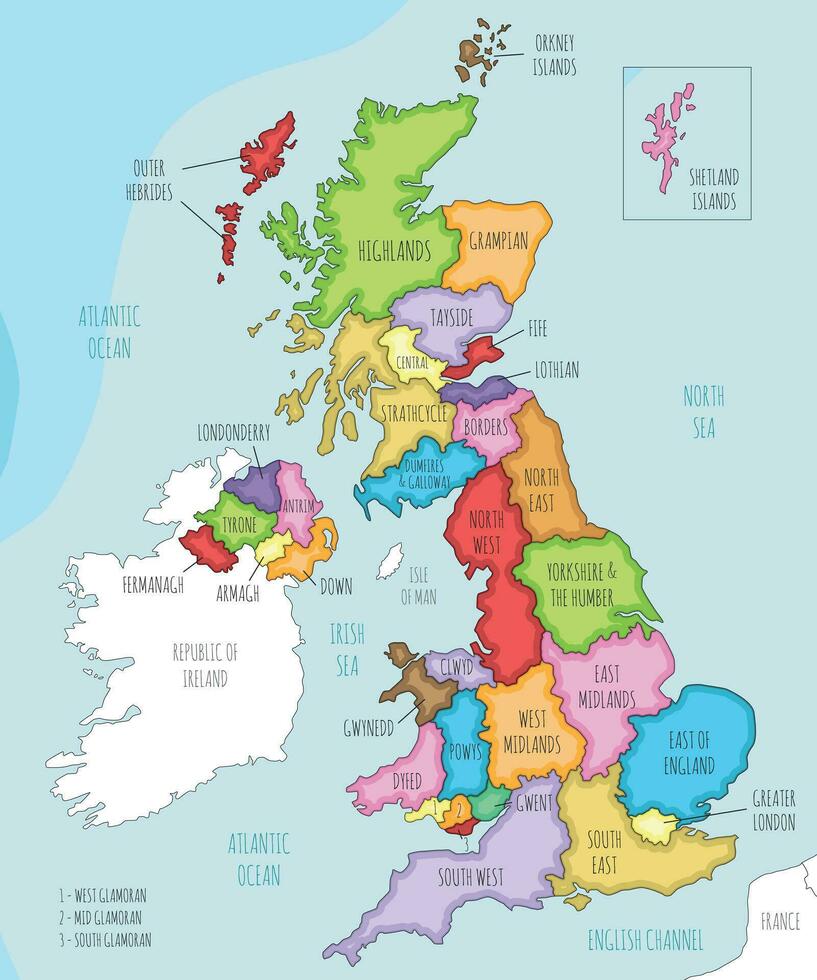 Vector illustrated map of UK with administrative divisions, and neighbouring countries. Editable and clearly labeled layers.
