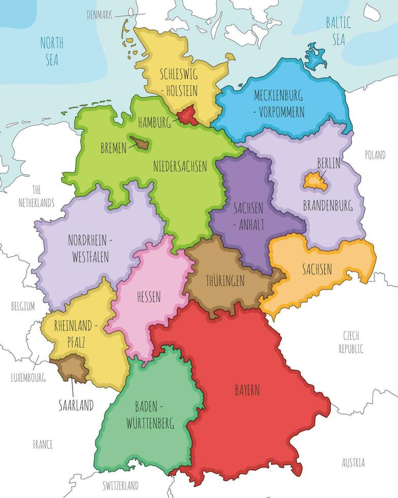 vector ilustrado mapa de Alemania con federado estados o regiones y administrativo divisiones, y vecino países. editable y claramente etiquetado capas.