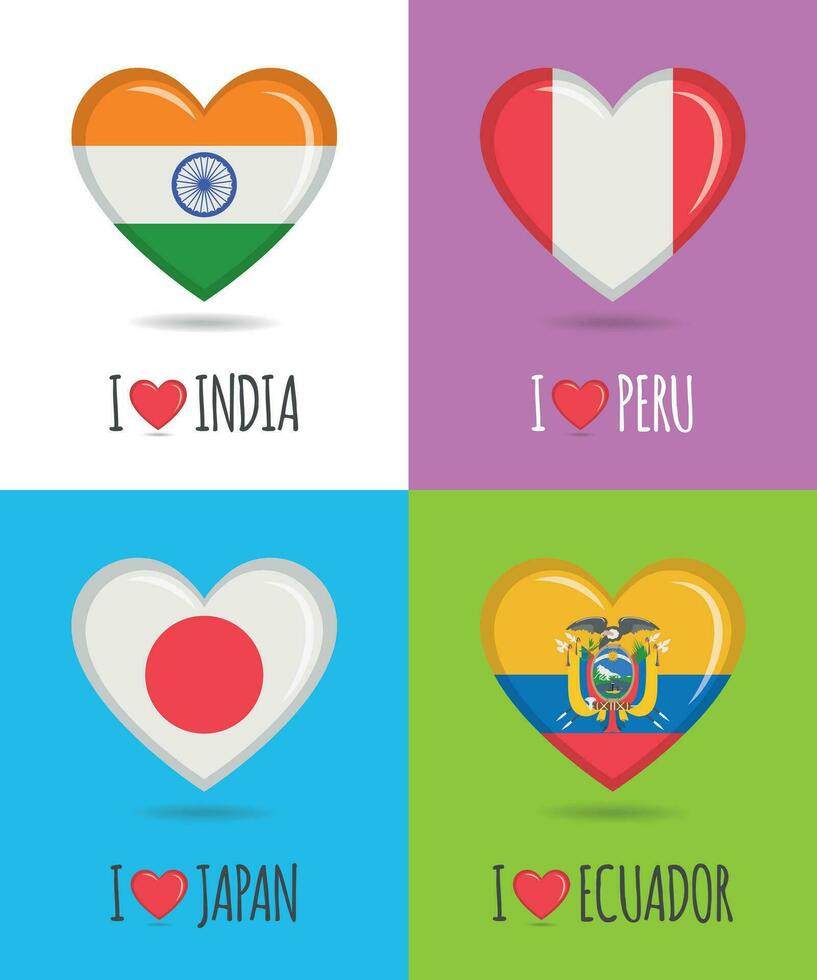 Loving and colorful posters of India, Peru, Japan and Ecuador with heart shaped national flag and text Vector illustration