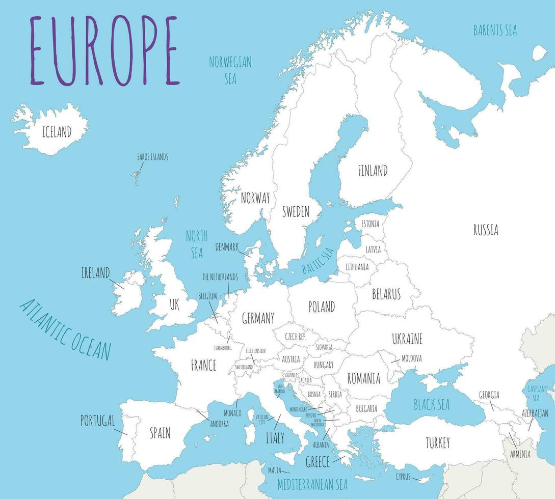 Political Europe Map vector illustration with countries in white color. Editable and clearly labeled layers.
