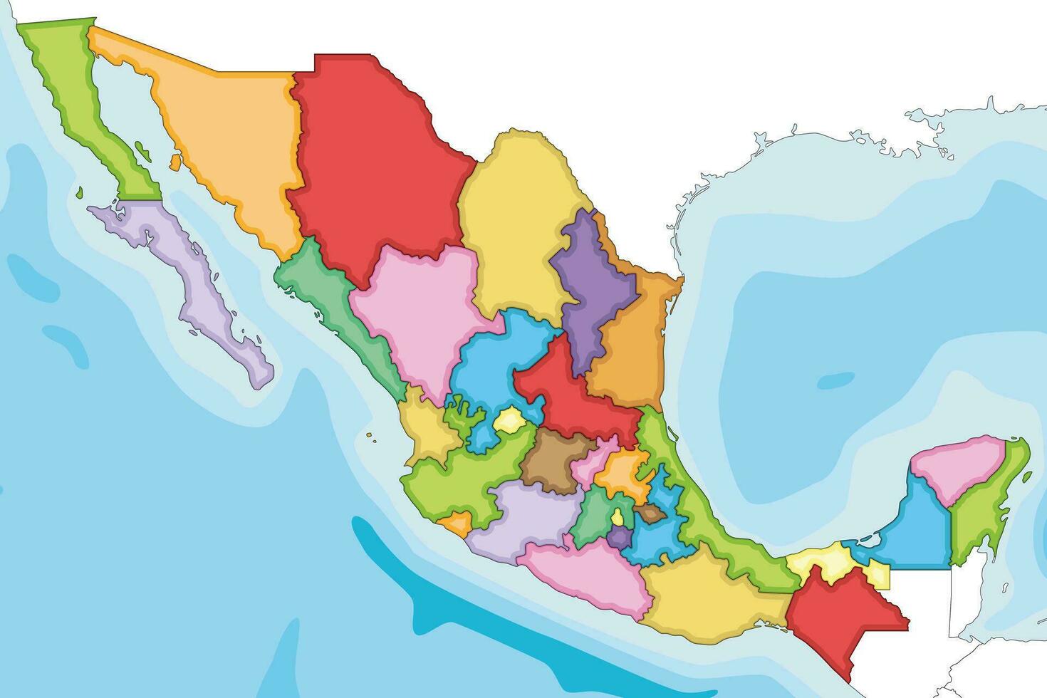 Vector illustrated blank map of Mexico with regions or states and administrative divisions, and neighbouring countries. Editable and clearly labeled layers.