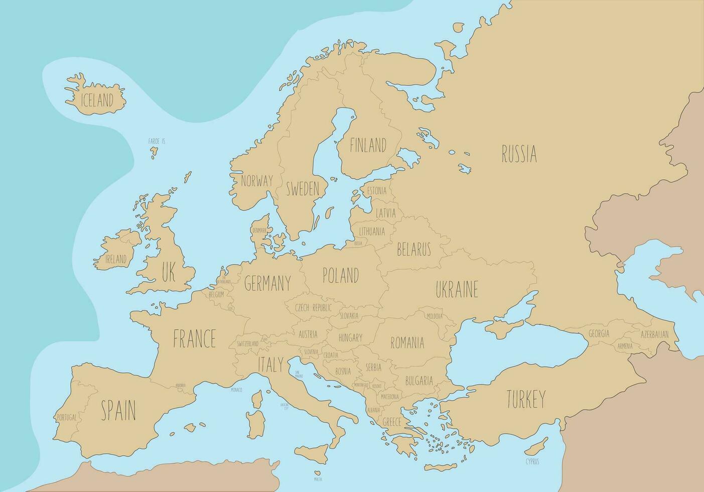 Political map of Europe with names in English. Vector Illustration