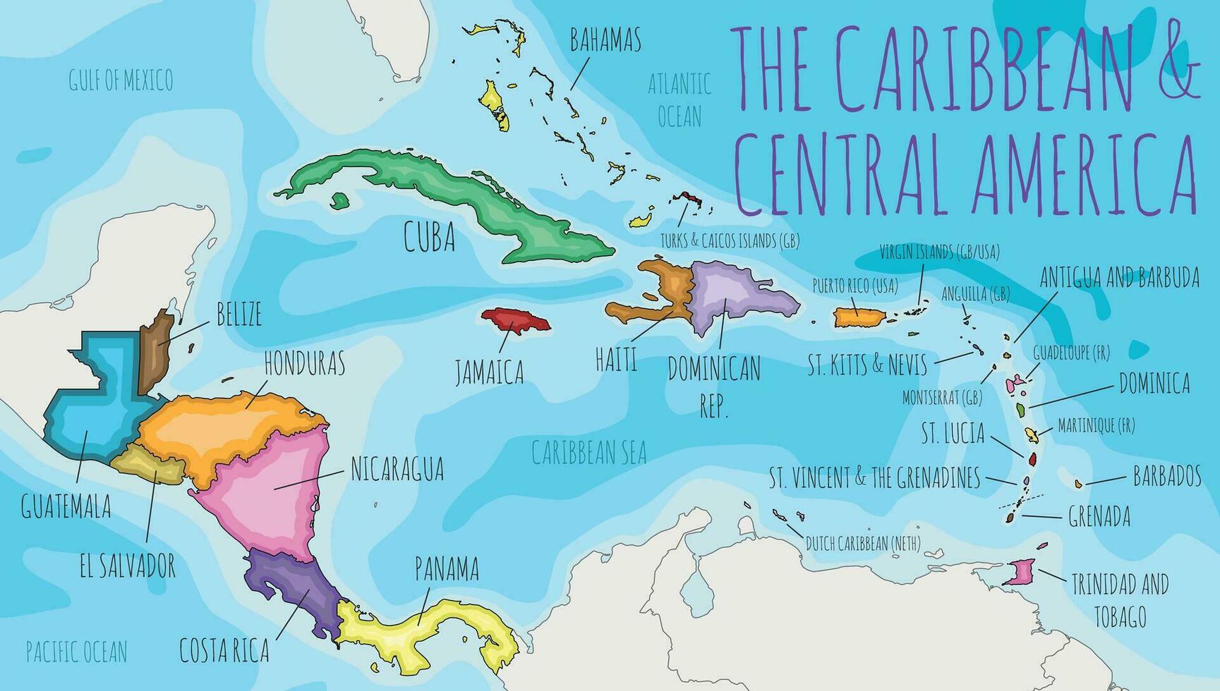 político caribe y central America mapa vector ilustración con diferente colores para cada país. editable y claramente etiquetado capas.