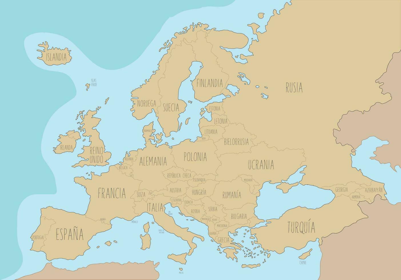 Political map of Europe with names in Spanish. Vector Illustration