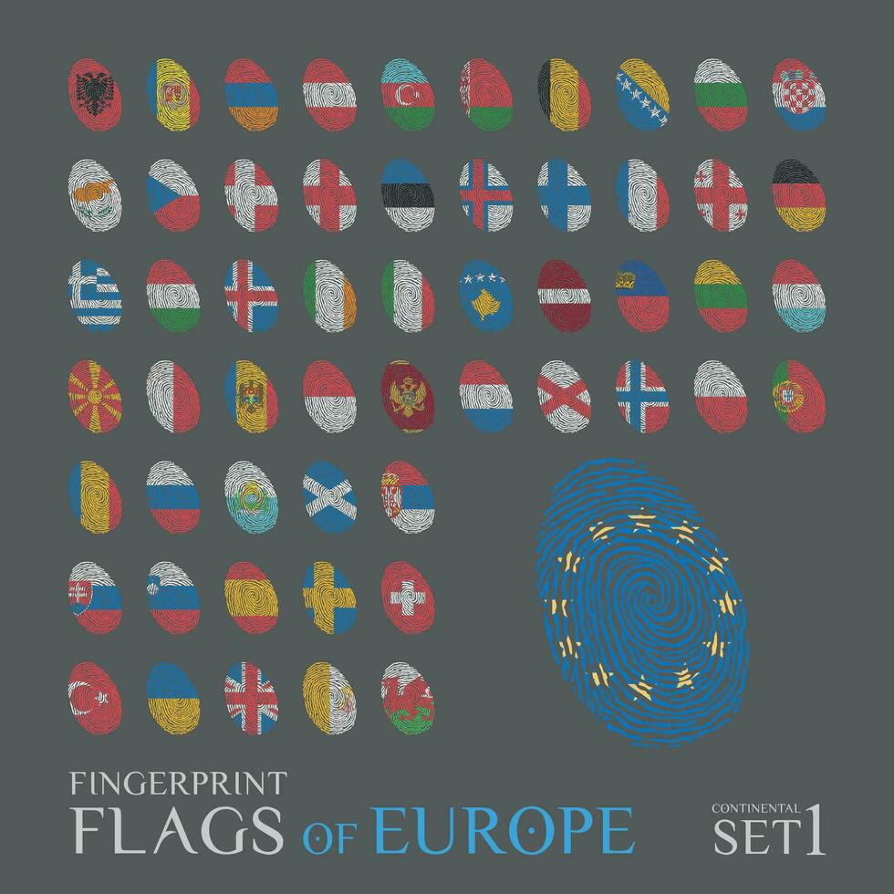 Set of 56 fingerprints colored with the national flags of the countries of Europe. Icon set Vector Illustration.