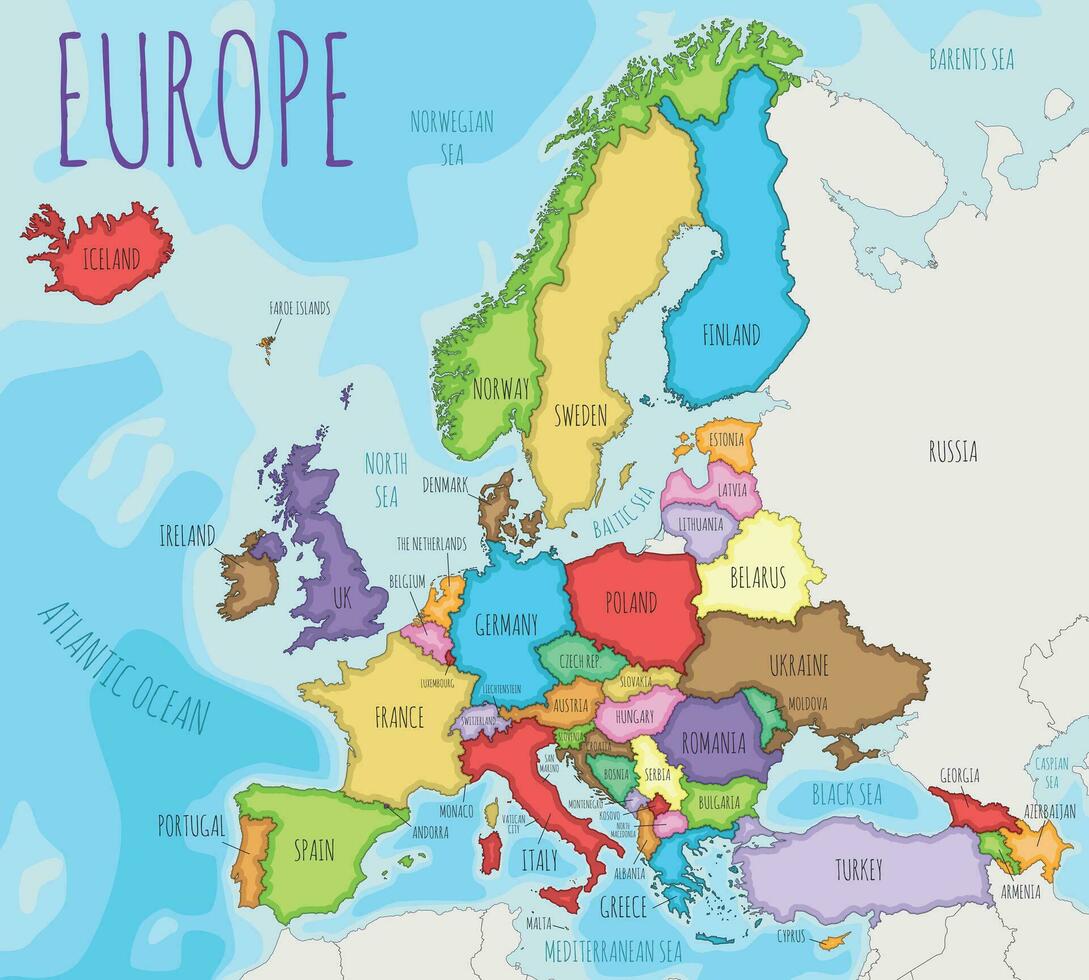 Political Europe Map vector illustration with different colors for each country. Editable and clearly labeled layers.