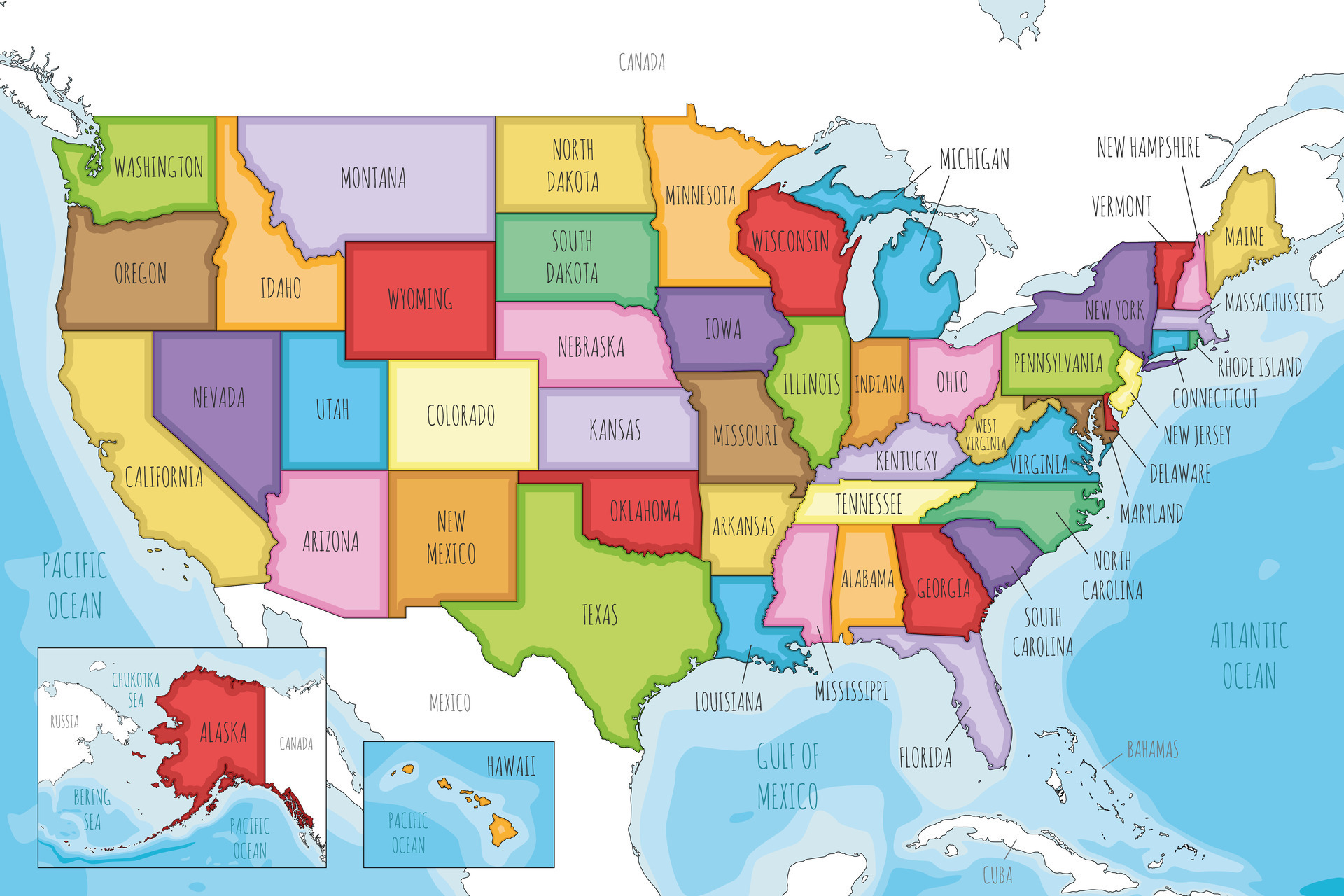 Vector illustrated map of USA with states and administrative divisions