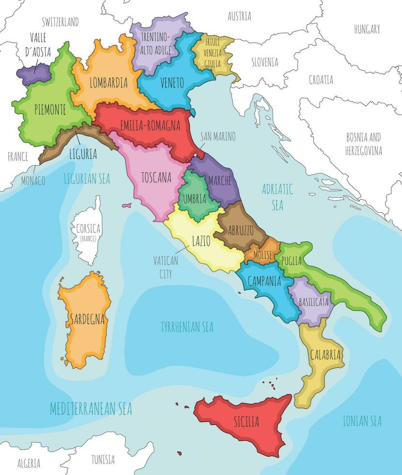 Vector illustrated map of Italy with regions and administrative divisions, and neighbouring countries and territories. Editable and clearly labeled layers.