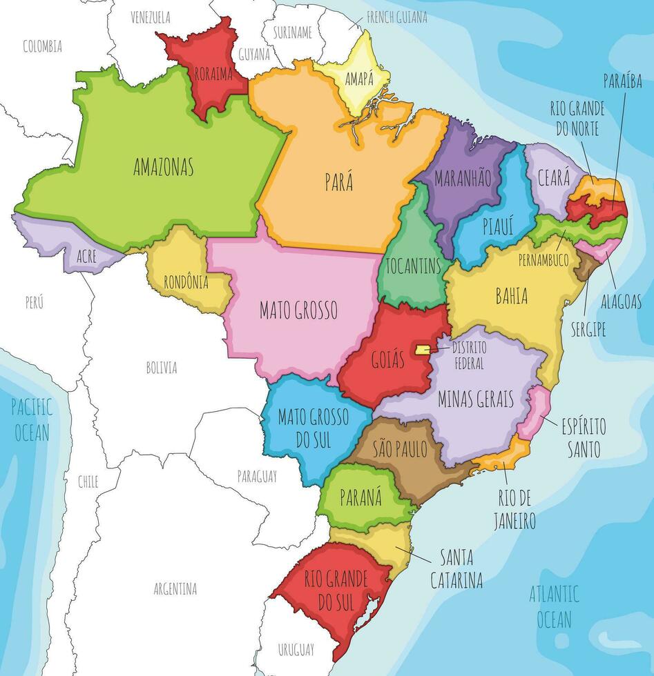 vector ilustrado mapa de Brasil con estados y administrativo divisiones, y vecino países y territorios. editable y claramente etiquetado capas.