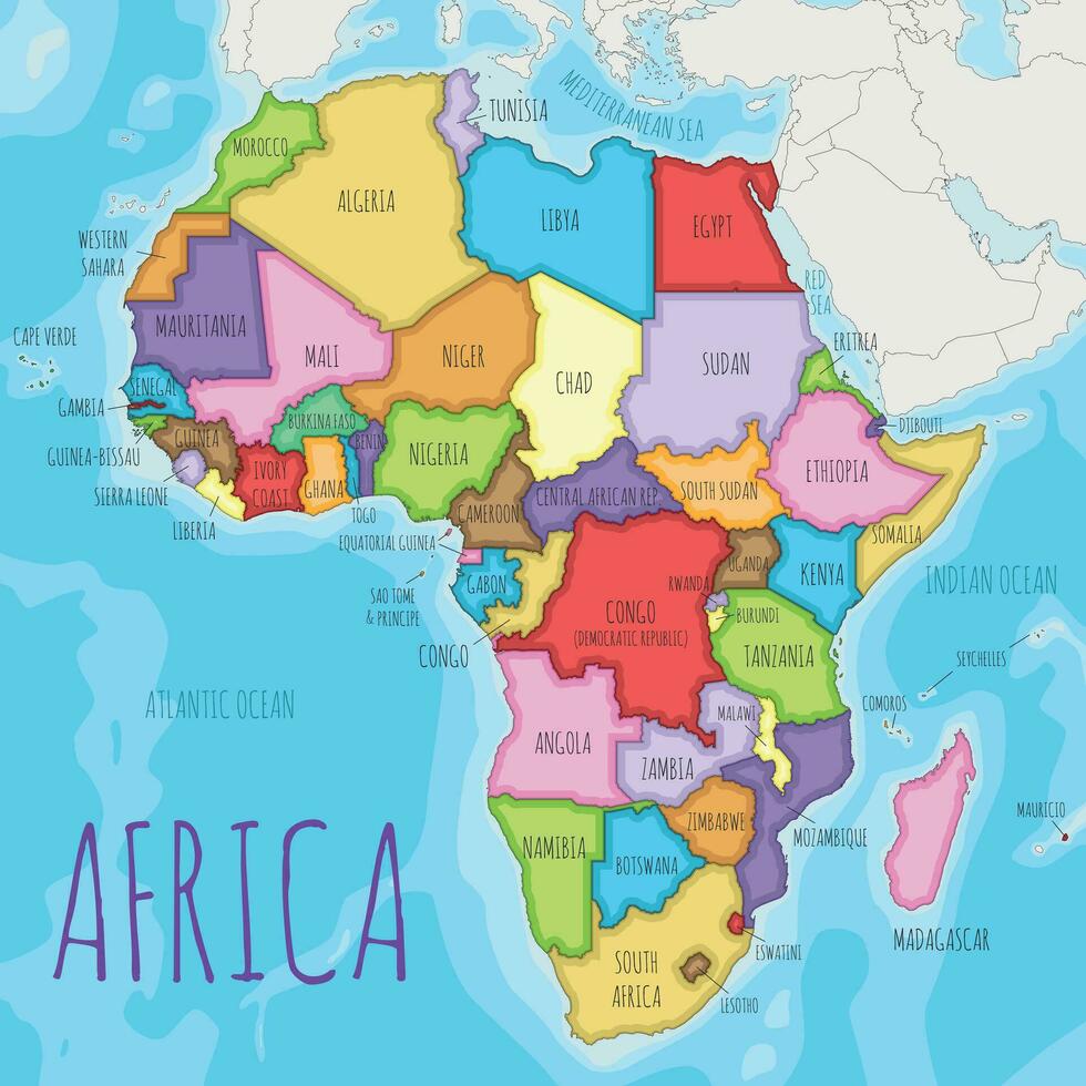 Political Africa Map vector illustration with different colors for each country. Editable and clearly labeled layers.