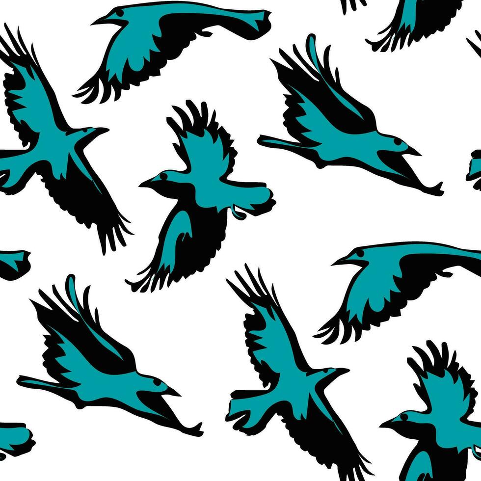 A pattern of black ravens with a bright blue glow from the spotlight. Colorful texture on a white background for a holiday. In the Halloween theme. Printing on textiles and paper, packaging vector