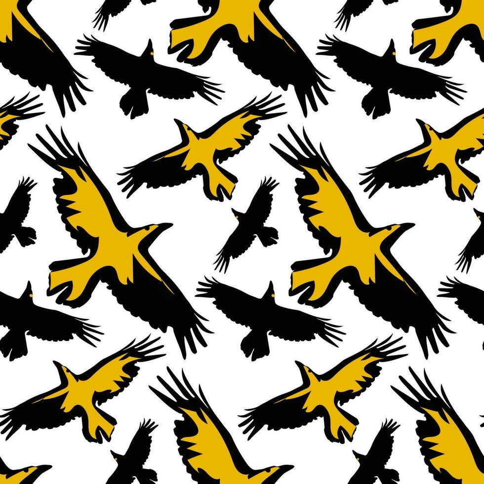 A pattern of black ravens with a bright yellow glow from the spotlight. Colorful texture on a white background for a holiday. In the Halloween theme. Printing on textiles and paper, packaging vector