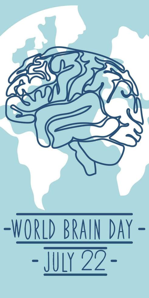 Postcard for World Brain Day, vector illustration with a cute brain in cartoon style on the background of the earth. July 22 and the bright blue outline of the human brain. Medicine, human health