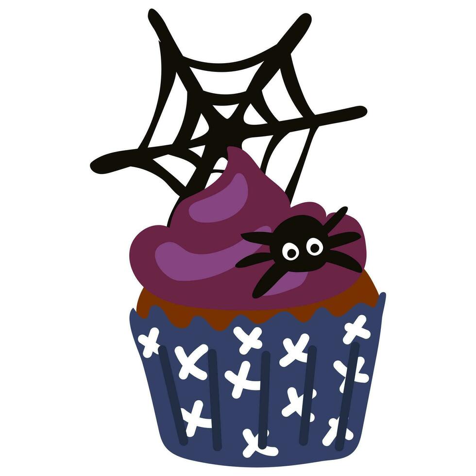 Vector cartoon cupcake with purple cream and a spider with a web. Cute Halloween pastries. Funny autumn cartoon dessert for Halloween. Drawing for postcards, party invitations