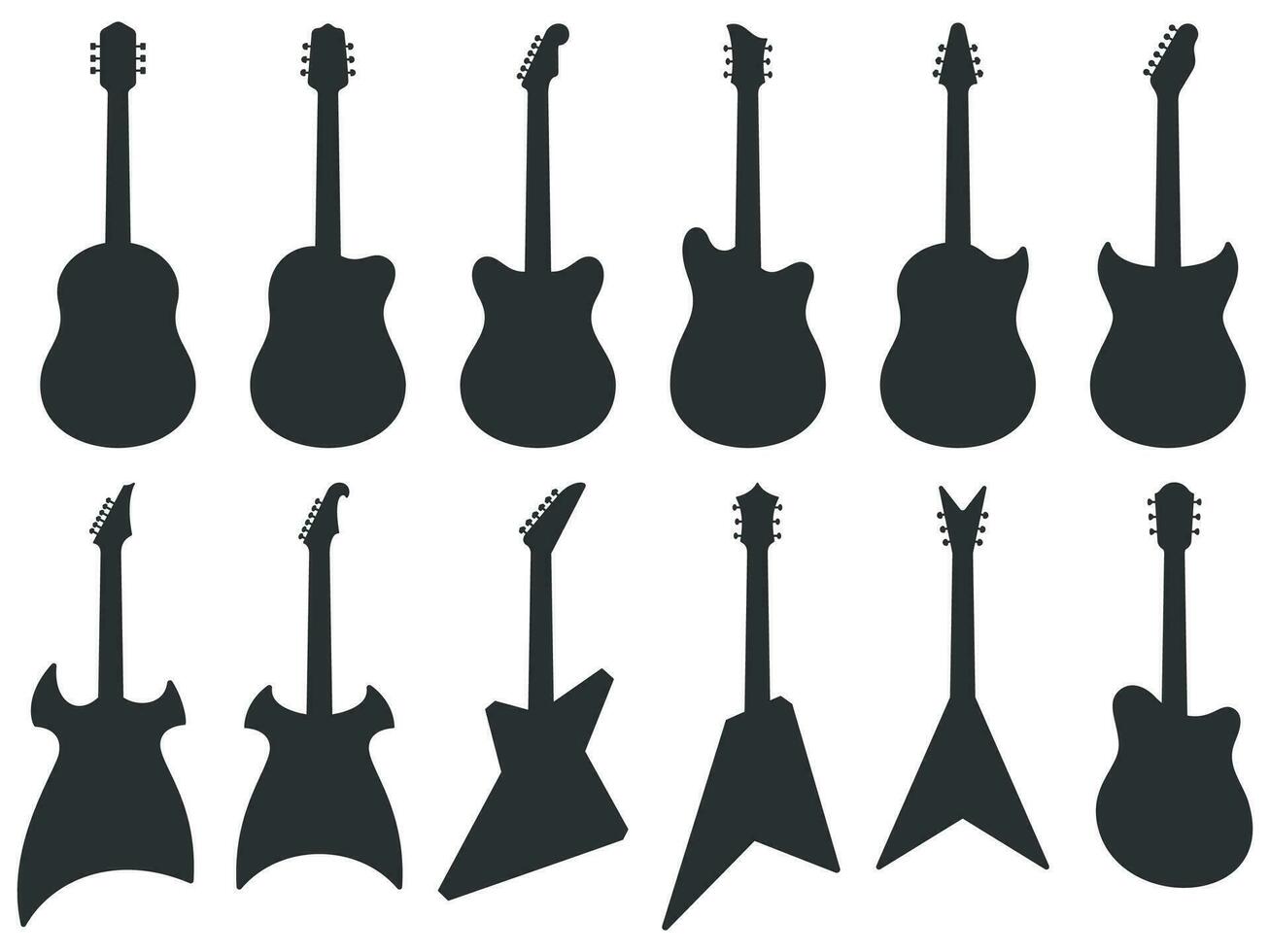 guitarra silueta. acústico jazz guitarras, musical instrumentos siluetas y eléctrico rock guitarra forma vector conjunto