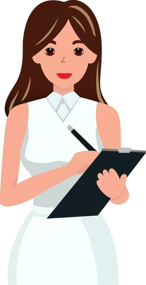 Female Event Manager with a clipboard and a pen flat style vector illustration, female office worker or secretary taking notes vector image