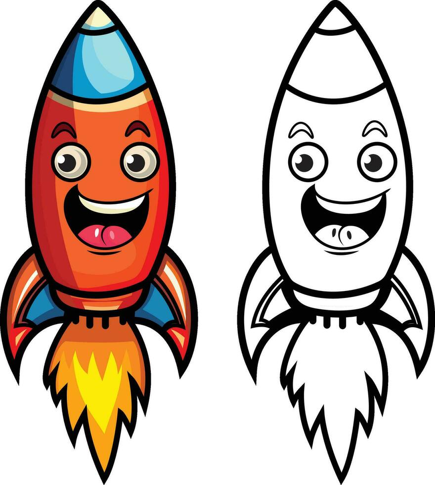 Happy Cartoon Rocket vector illustration , rocket spaceship with a smiling vector image , colored and black and white stock vector