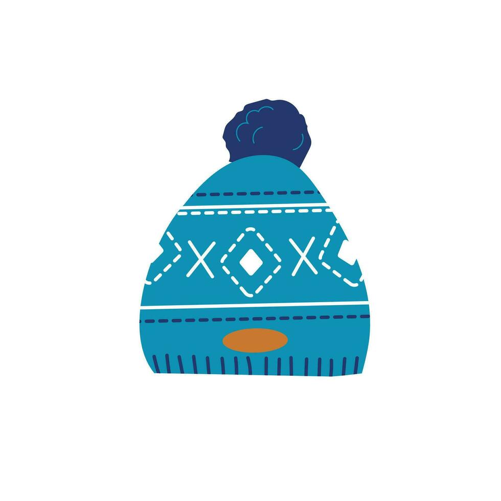 Knitted blue winter hat with bubo. Winter clothes. Flat vector illustration.