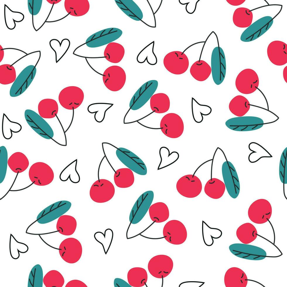 Modern cherry pattern. Cute cartoon cherries and hearts isolated on white background. Red bright juicy berries. Hand drawing vector