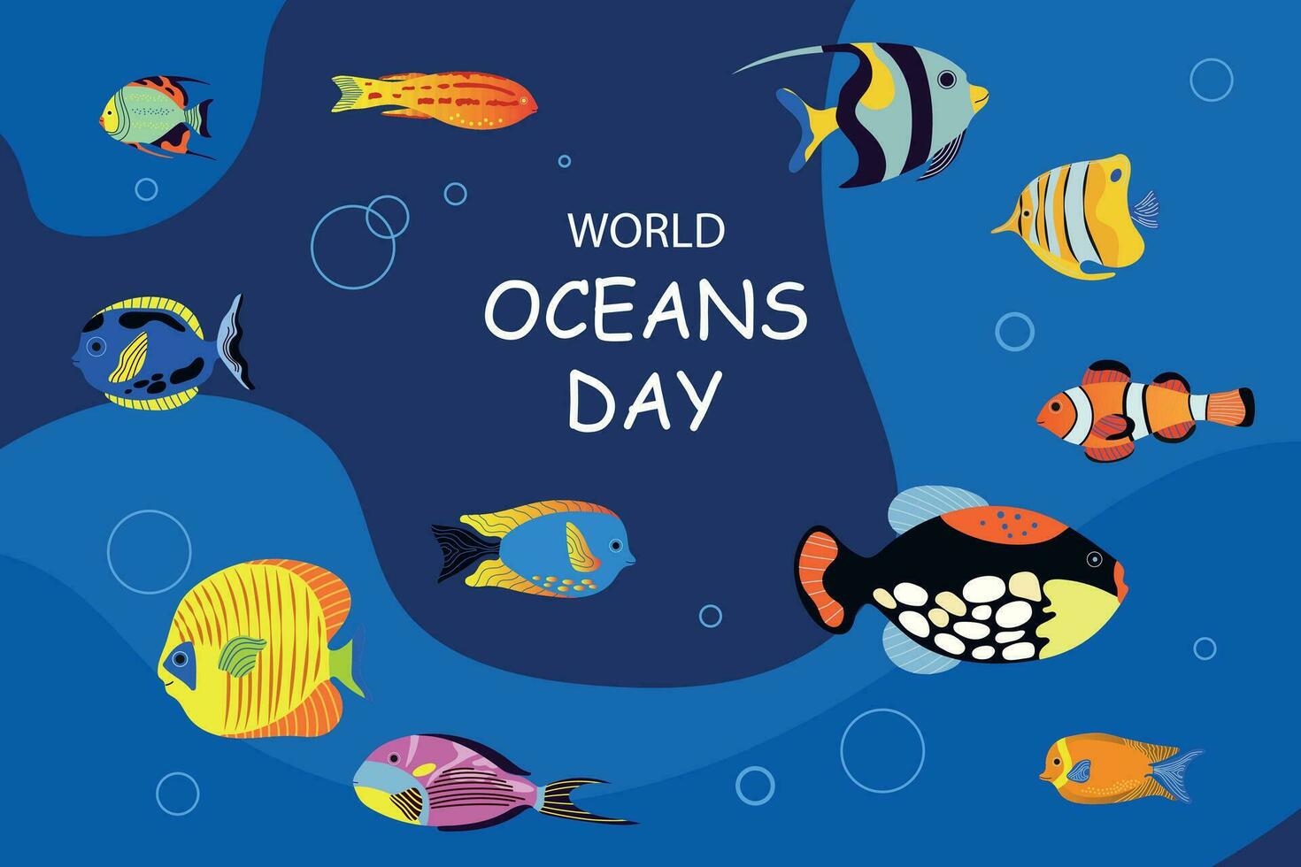 World oceans day. June 8. Underwater ocean background. Various sea fish.Design, poster, banner, template. Save ocean. Vector illustration.