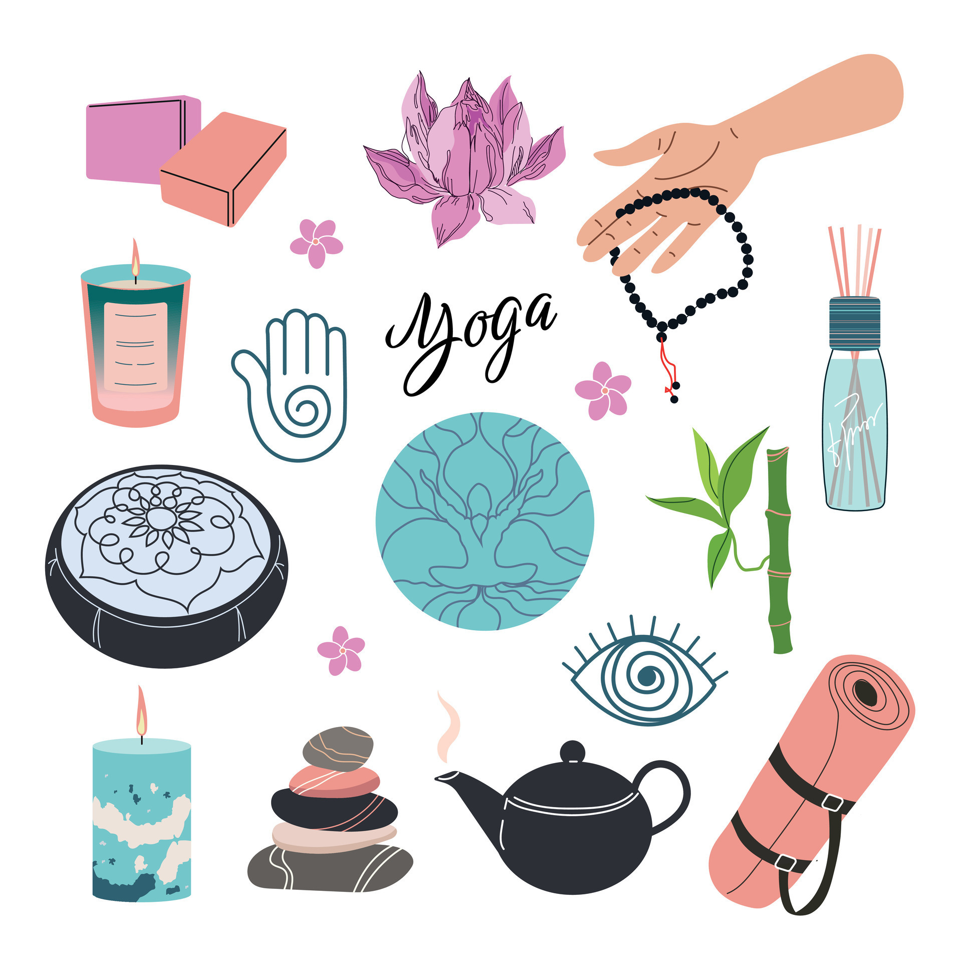 Yoga sticker set.. Hand drawn elements set-aroma sticks, mat