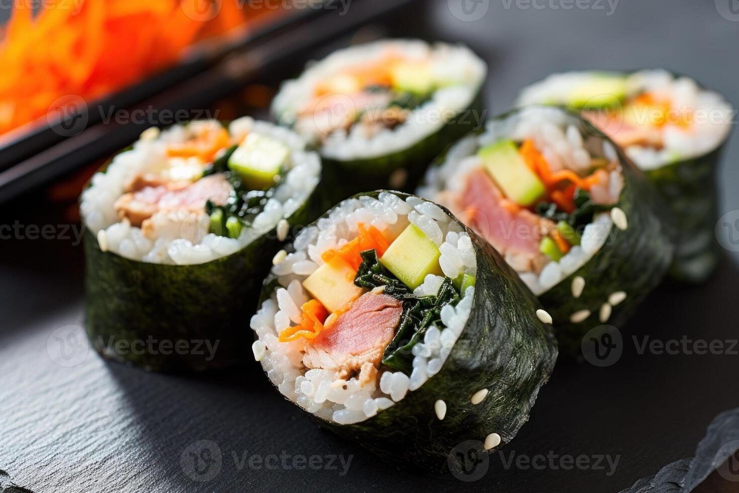 stock photo of Kimbap or sometimes spelled gimbap means seaweed and rice food photography
