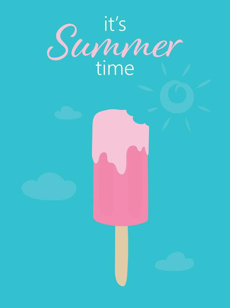 Summer ice cream vector illustration. Summer holiday poster with rose ice cream. It's summer time banner