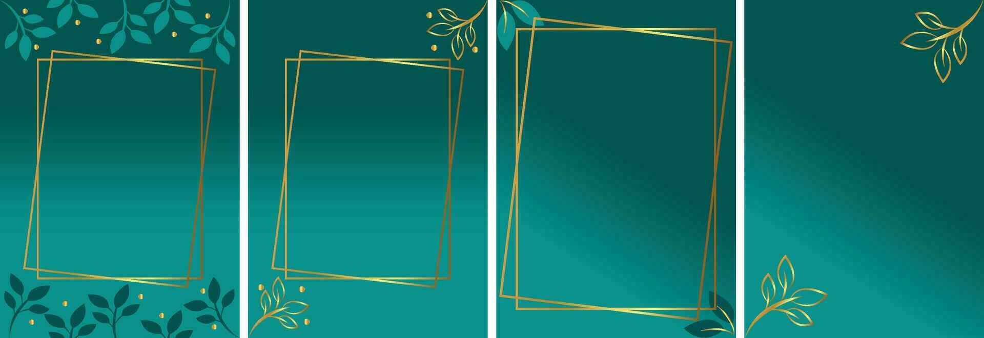 Border, frame with blue green background with gold border and floral design. Used for invitations, weddings, cards, posters, flyers vector