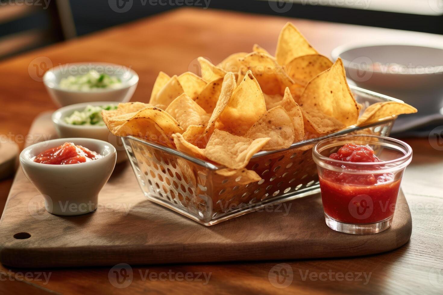 chips and dips in the kitchen table Food Photography AI Generated photo