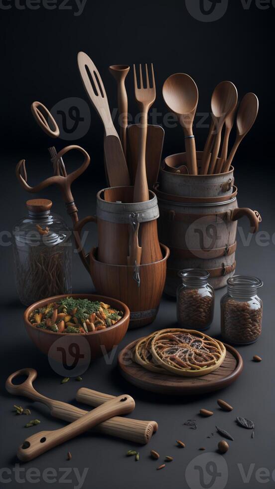stock photo of photorealistic kitchen cooking set with wooden photography