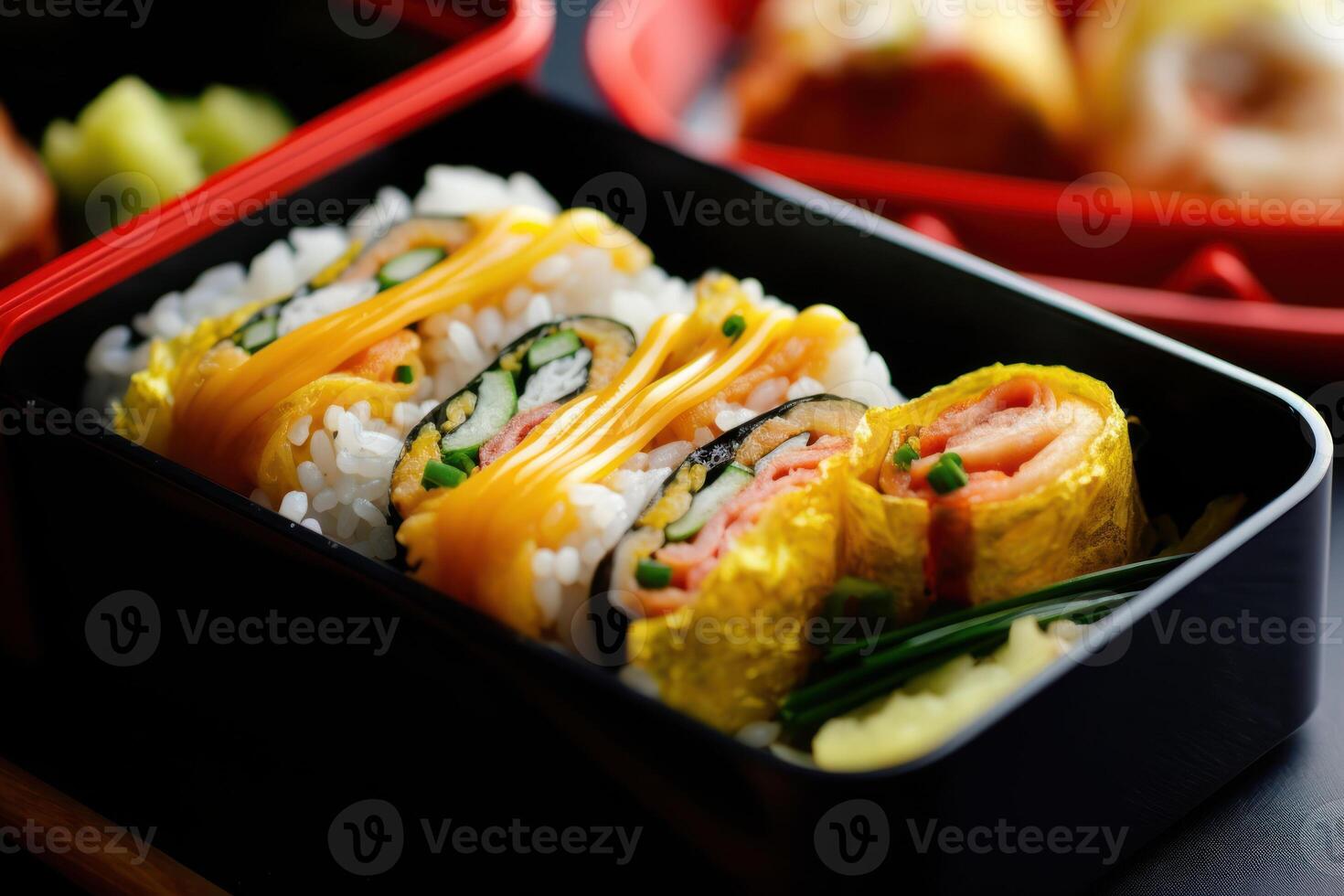 stock photo of Tamagoyaki Japanese Rolled omelette in bento with rice food photography