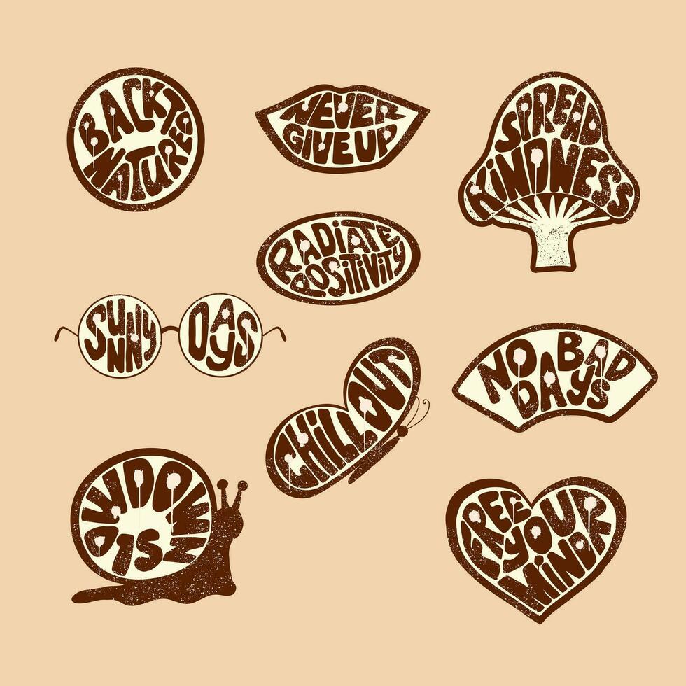 Retro groovy stamps in different forms. Vector typographic flat isolated stickers or printouts with paint spalshes. Groovy slogans. Ideal for t shirt print, decoration