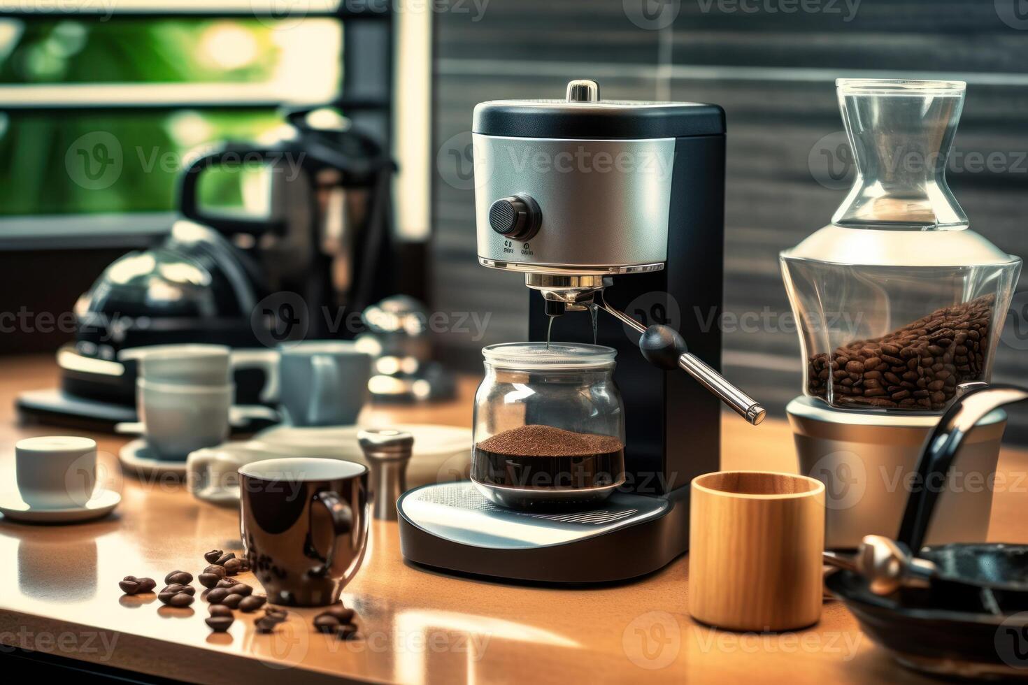 stock photo of make modern grind coffee maker in the kitchen table food photography