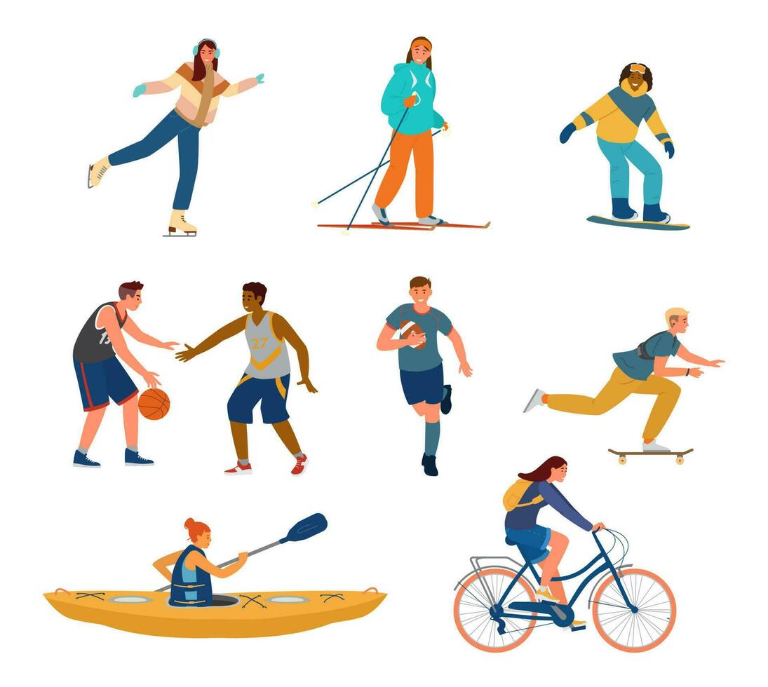 vector conjunto de joven personas haciendo Deportes. hielo Patinaje, esquiar, Snowboarding, jugando baloncesto, rugby, andar en patineta, kayak, montando bicicleta. sano estilo de vida. aislado en blanco.