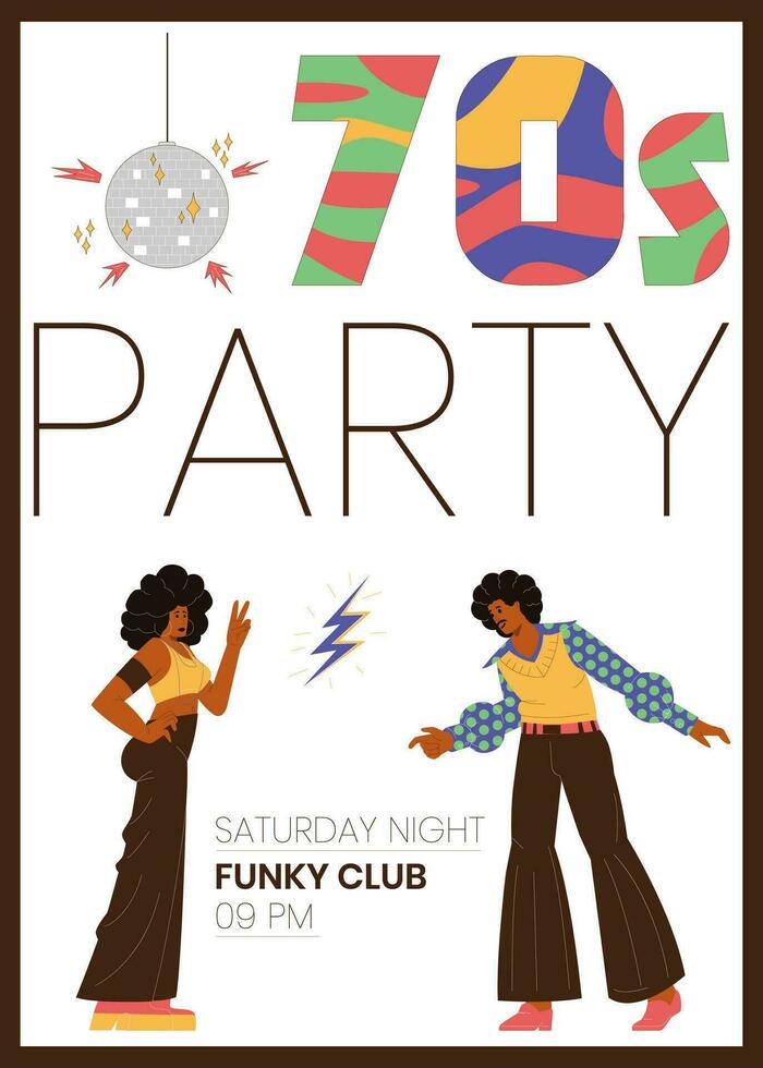 70s fiesta invitación con maravilloso retro vector ilustraciones de personas bailando disco.