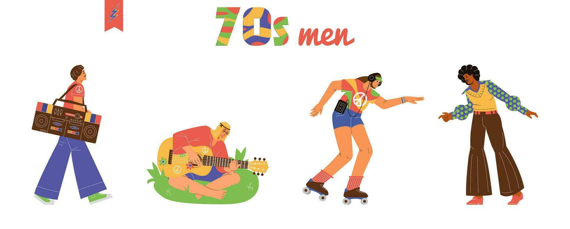 hombres desde el 70s vector ilustraciones colocar. hombres rodillo Patinaje, bailando disco, hippie jugando el guitarra, caminando con auge caja.