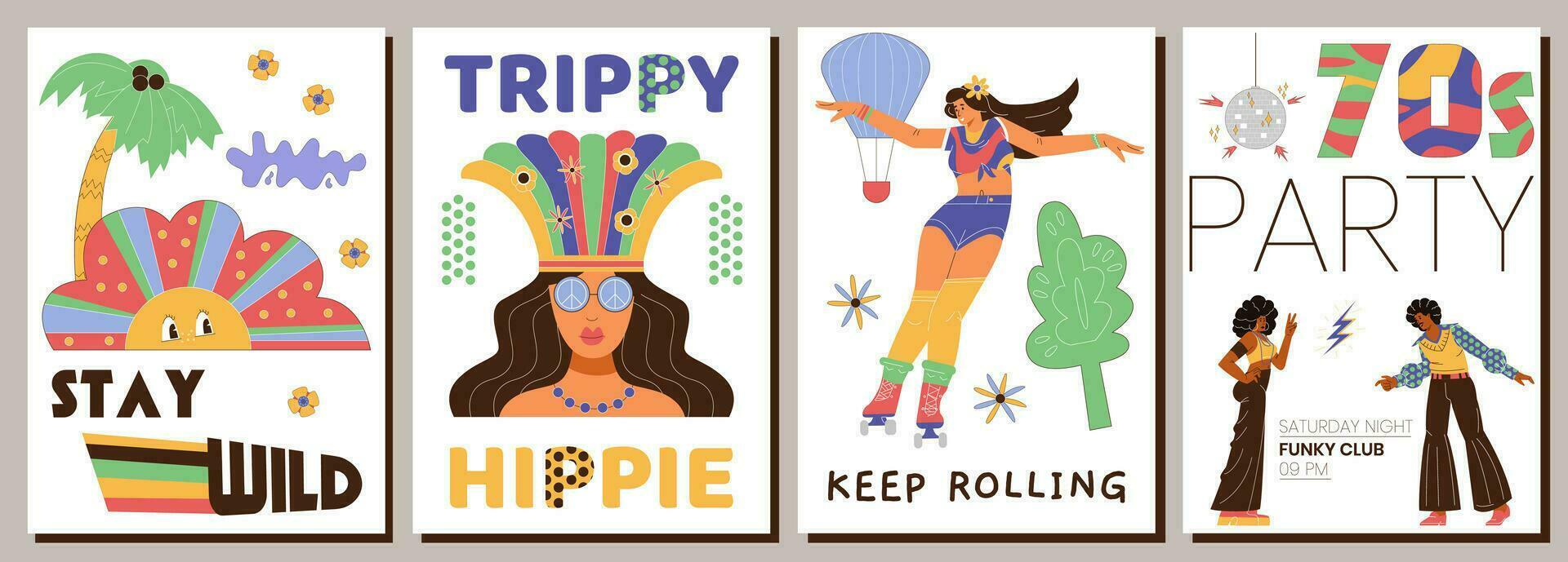 70s style posters with vector retro illustrations. Vintage prints and disco party invitation.