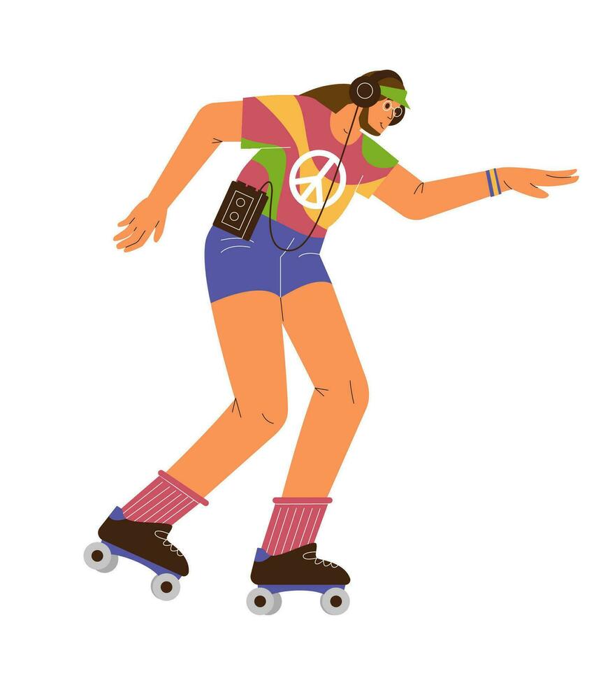 hombre en el 70s estilo atuendo rodillo Patinaje y escuchando a música retro plano vector ilustración. mujer desde el años 70 aislado en blanco.