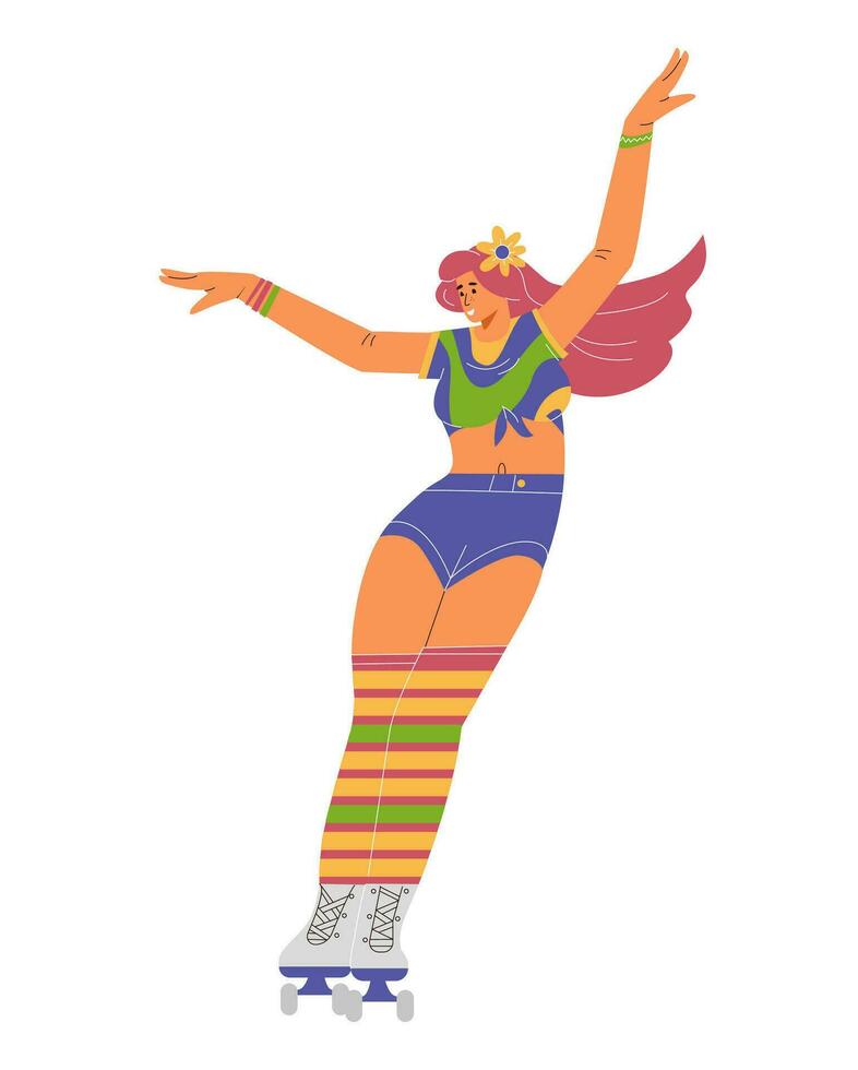 Woman roller skating vector illustration. Woman from the 70s.