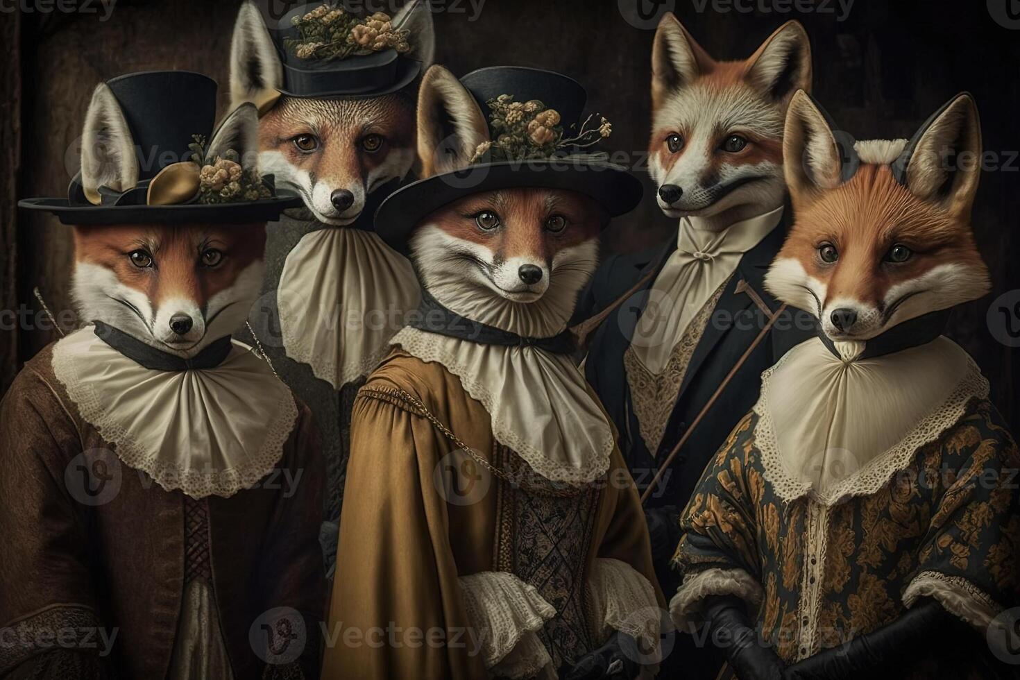 red foxes animals dressed in victorian era clothing illustration photo