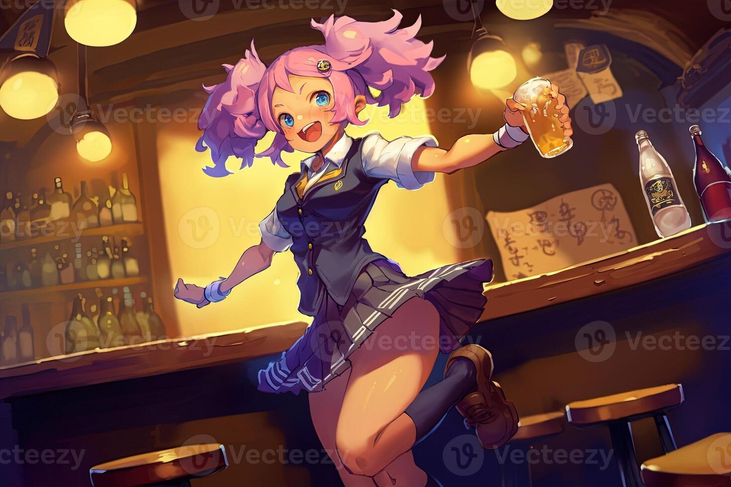 Pretty anime school girl dancing in a table bar illustration photo