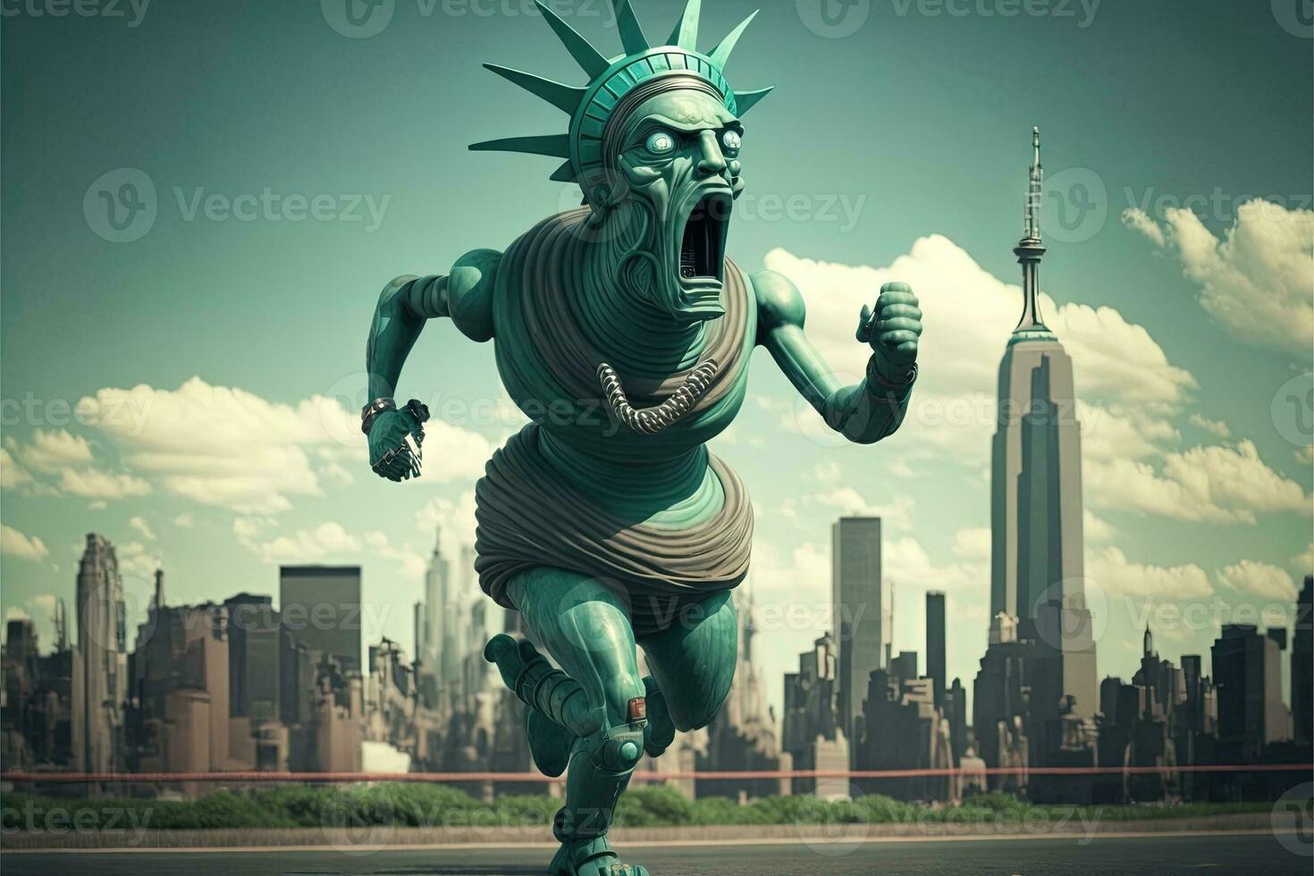 Statue of liberty escaping running out of new york city illustration generarative ai photo