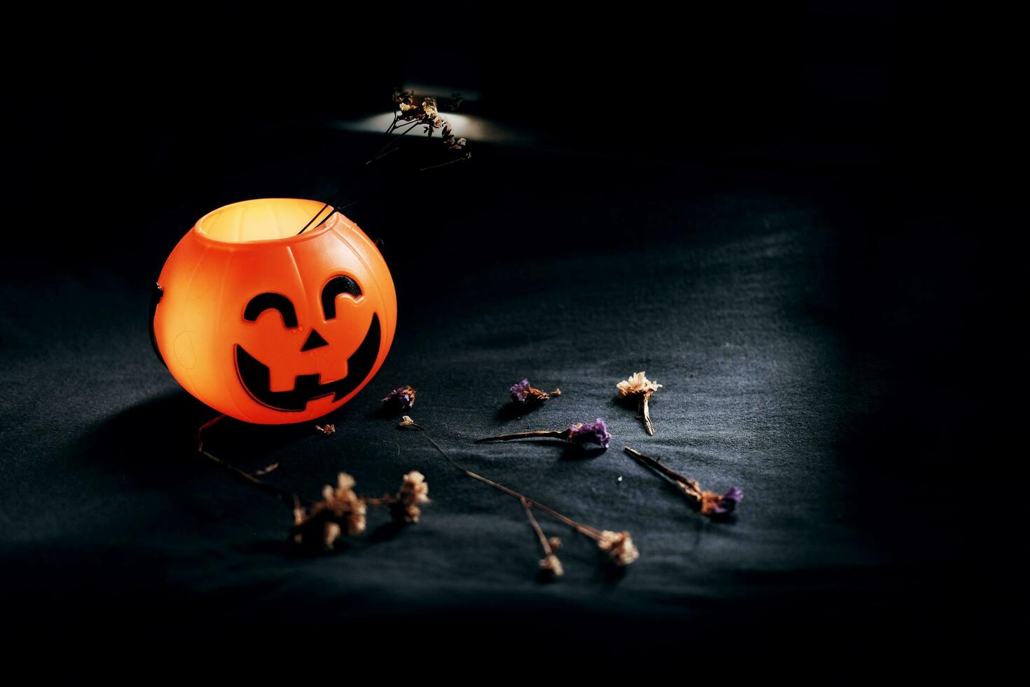 Halloween pumpkin head with dry flowers on black clothes in natural shadow and light. Halloween holiday concept. photo