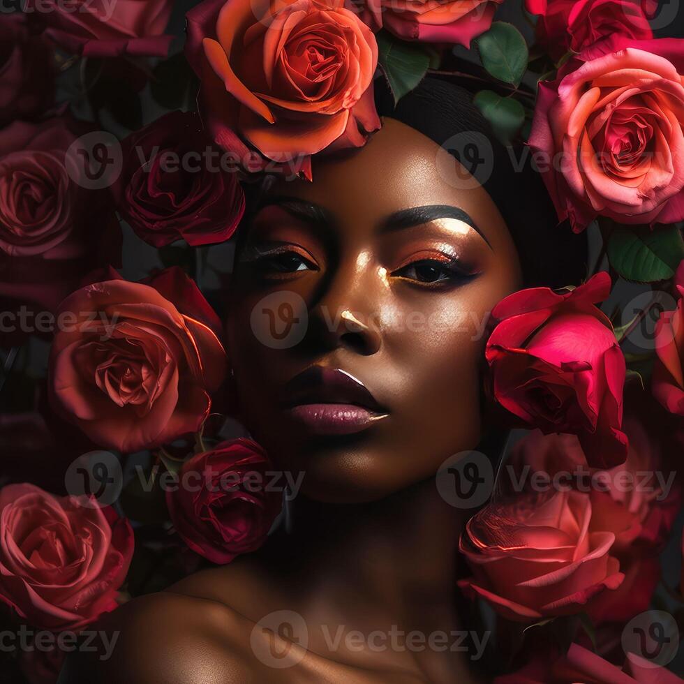 hermosa negro mujer en un blanco vestir en pie entre el campo de girasoles... creados con generativo ai foto