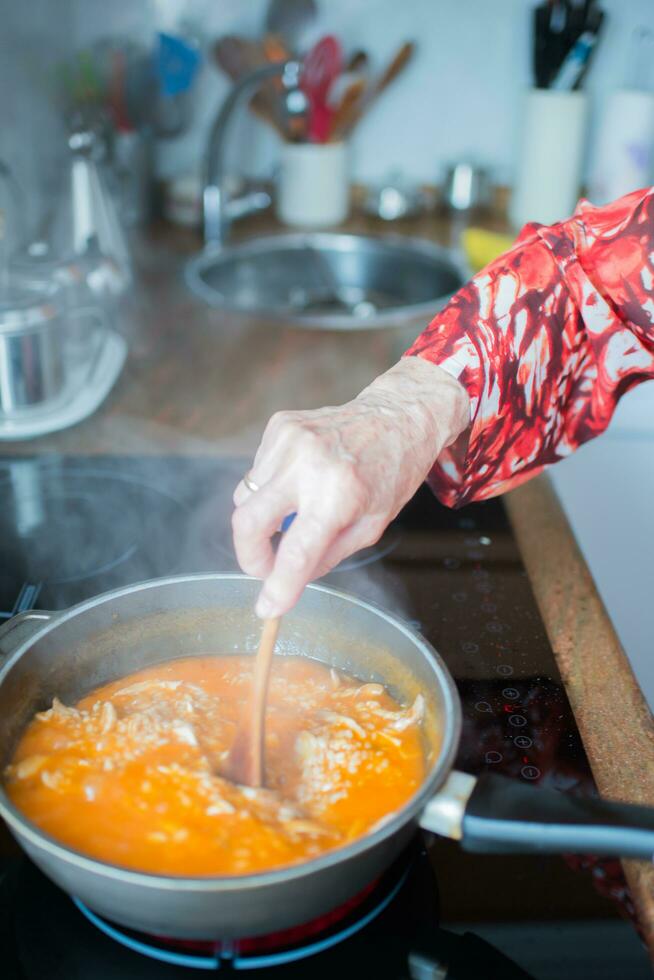 mayor mujer Cocinando arroz con pollo a hogar foto