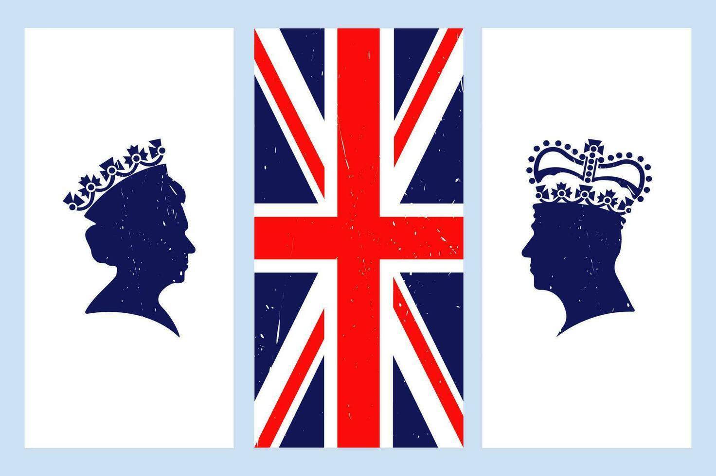 London-6 May 2023- vector illustration the coronation of King Charles III took place. The silhouettes of King Charles III and Elizabeth II wearing crowns are shown against a Union Jack background.